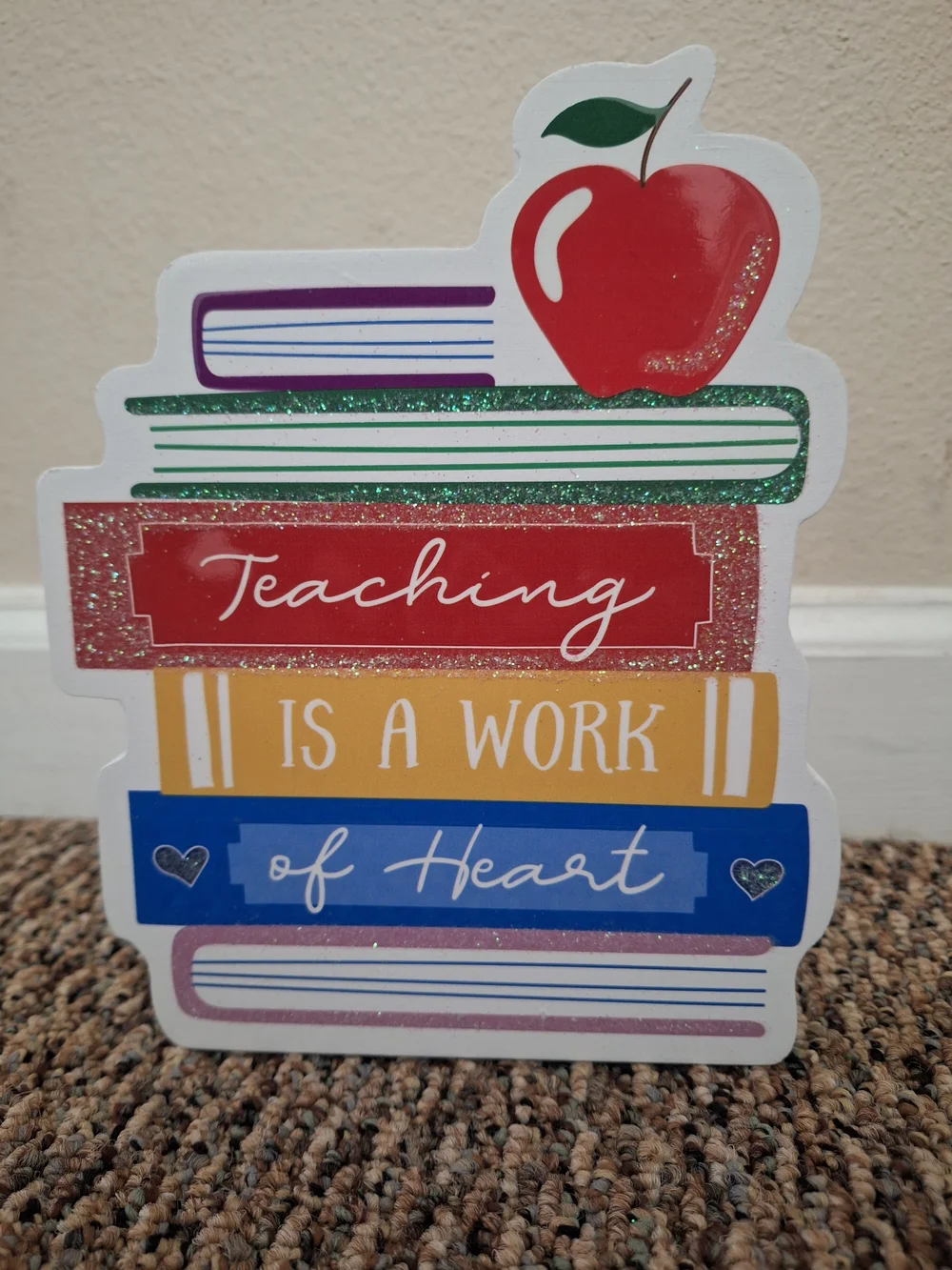 Stacked Books Teacher Sign with Apple - Colorful Classroom Decor